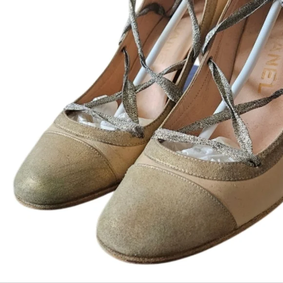 CHANEL Beige & Gold Lace Up Pumps Size 36